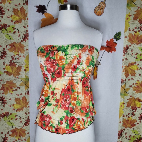 Women's Multicolor Floral Printed Sleeveless Smocked Blouson Tube Top Size M - Picture 1 of 7